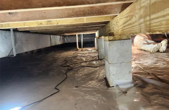 Crawlspace foundation repair with new support piers and moisture barrier installation in Western Kentucky