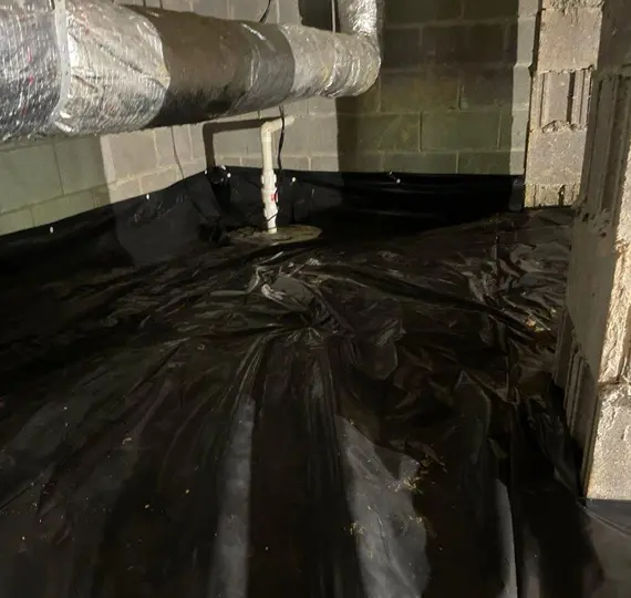 Crawl space sump pump and vapor barrier installation for foundation waterproofing in Fulton County KY