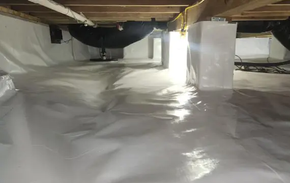 Clean and sealed crawlspace with white vapor barrier after professional mold remediation service in Kentucky